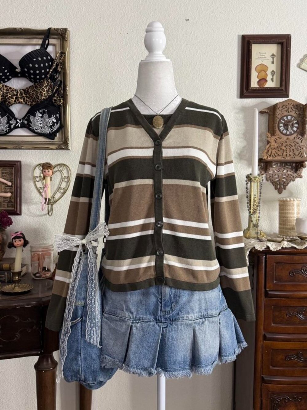 90’s boho preppy girly grunge olive green earth toned striped layered sweater